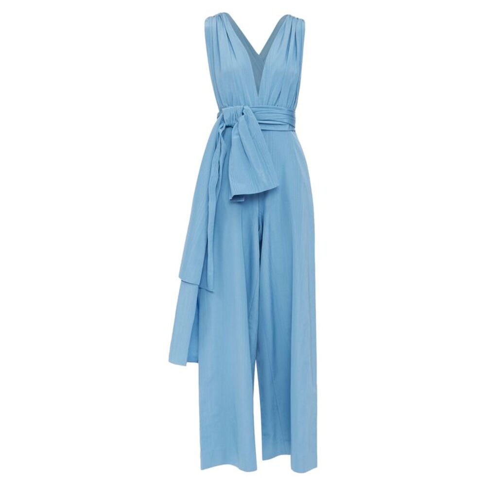 Oscar de la Renta sky blue moire faille sash tie jumpsuit